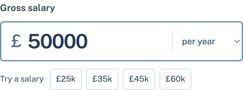Gross salary field showing £50,000 and the per-year frequency selector.