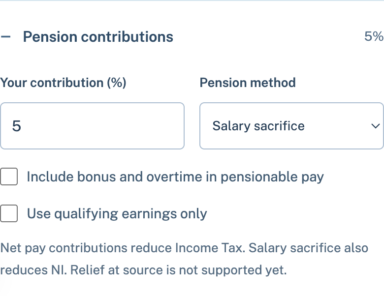 Pension contribution of 5 percent with salary sacrifice selected and pensionable earnings checkboxes.