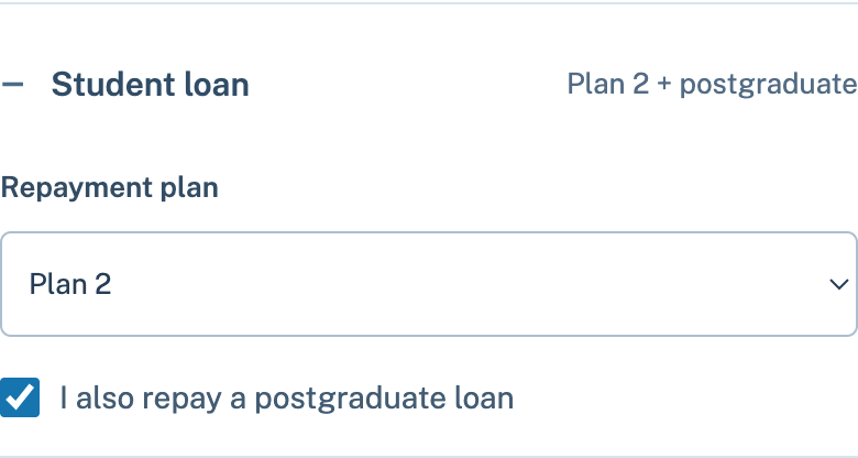 Student loan controls showing Plan 2 and the postgraduate loan checkbox selected.